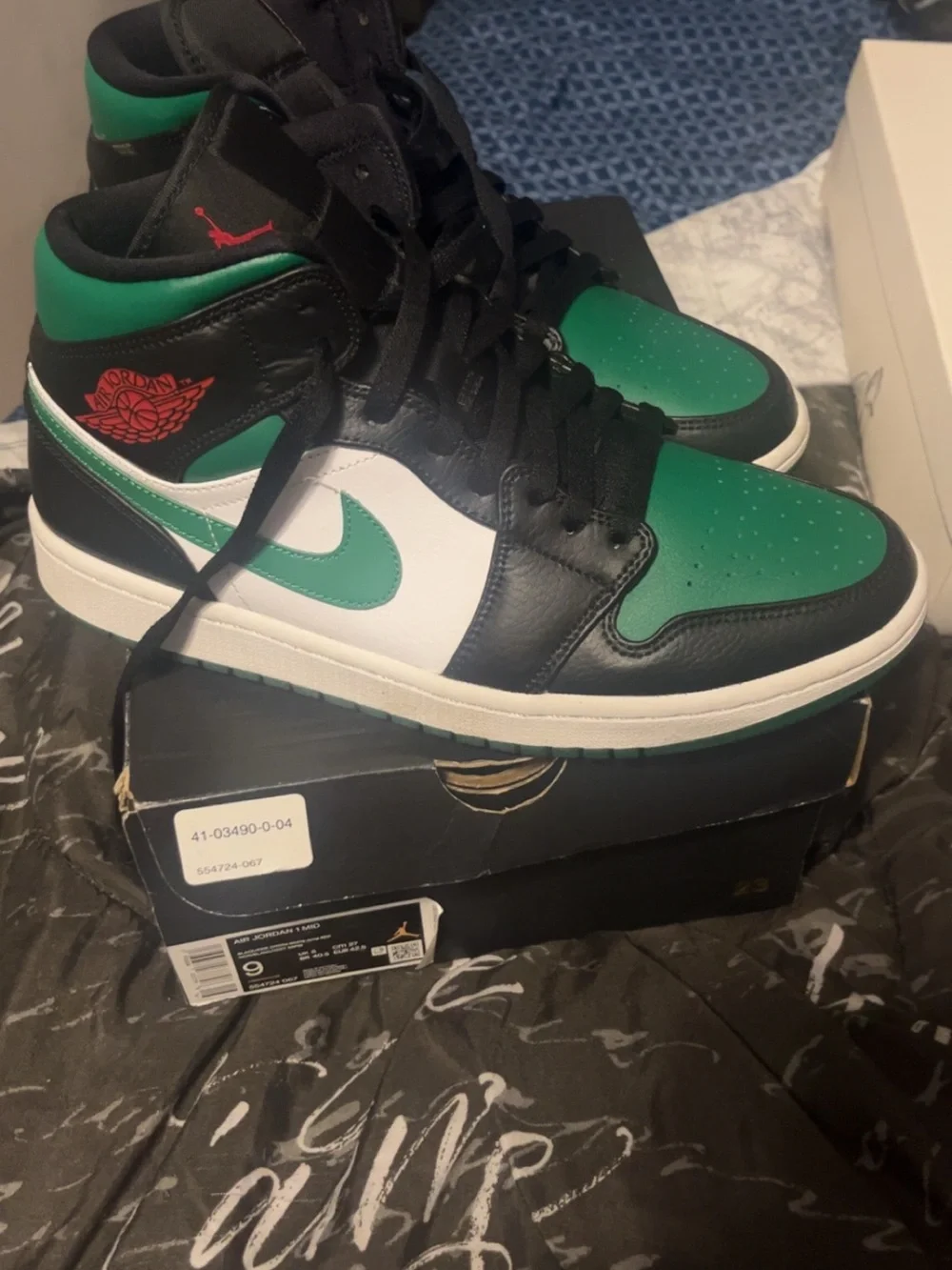 Jordan 1 Mid Men's Sneakers - Green/Black/White with Red Wings